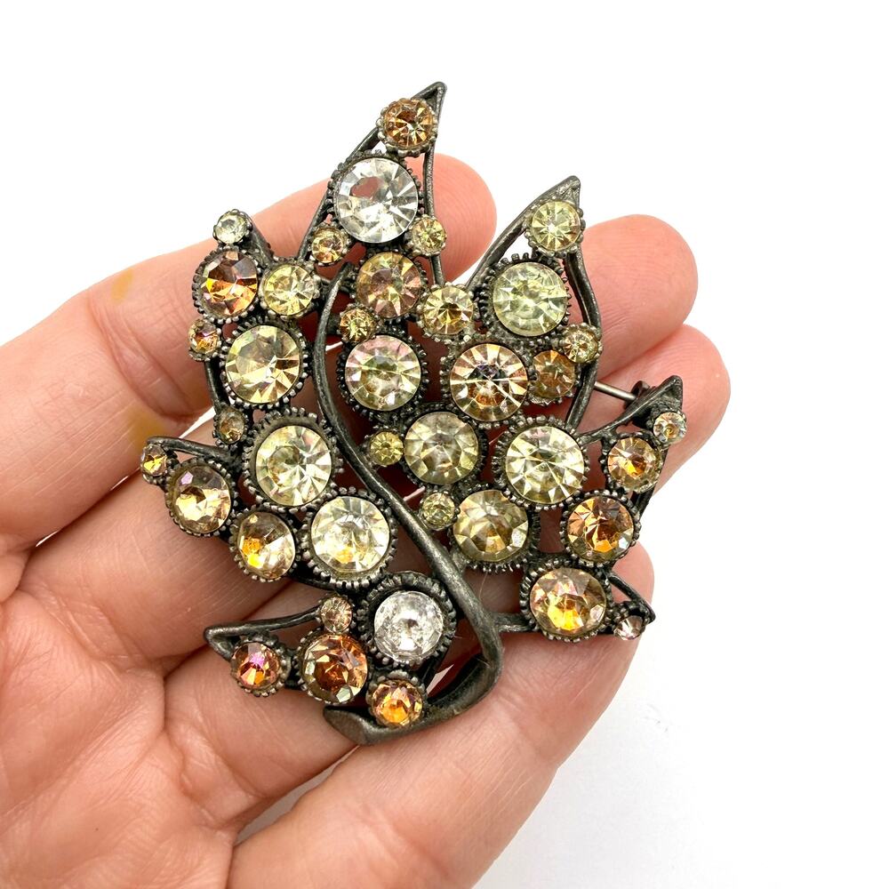 Vtg BSK Leaf Brooch Pot Metal Pin Aurora Borealis Rhinestone Crystal Signed
